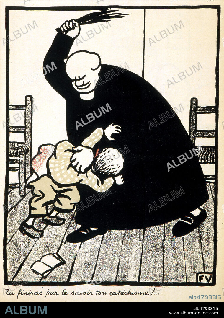 'Tu finiras par le savoir ton catechisme!' Pretre fouettant un enfant. Caricature de VALLOTTON Félix (1865-1925) dans le numero de l'Assiette au Beurre: Crimes et Chatiments. 1902. Credit: Coll. Kharbine Tapabor.