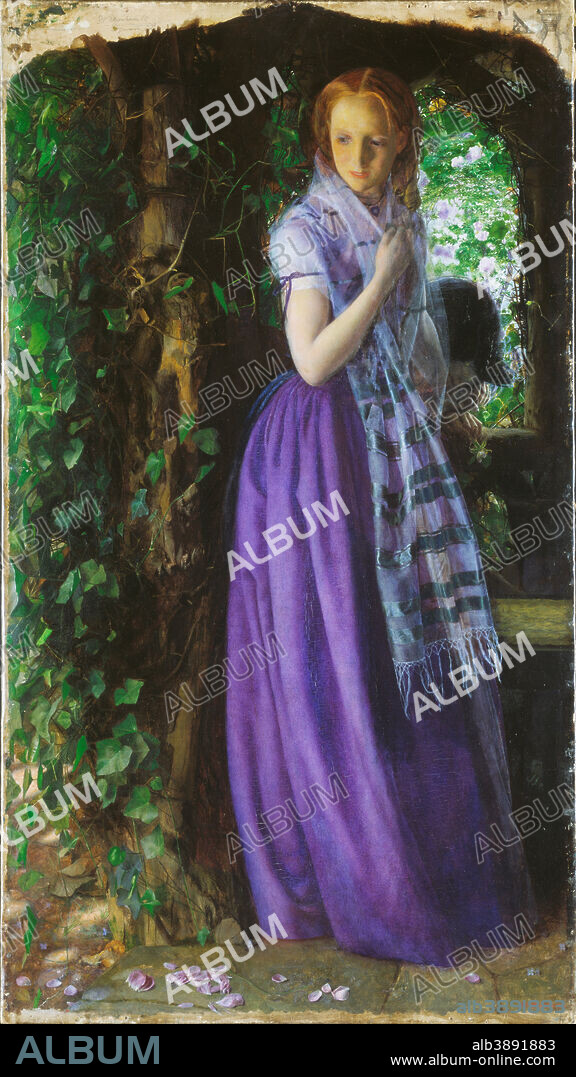 ARTHUR HUGHES. April Love
 Aprilliebe
 Amour d'Avril. Date/Period: Ca. 1855. Painting. Oil on canvas. Height: 889 mm (35 in); Width: 495 mm (19.48 in).