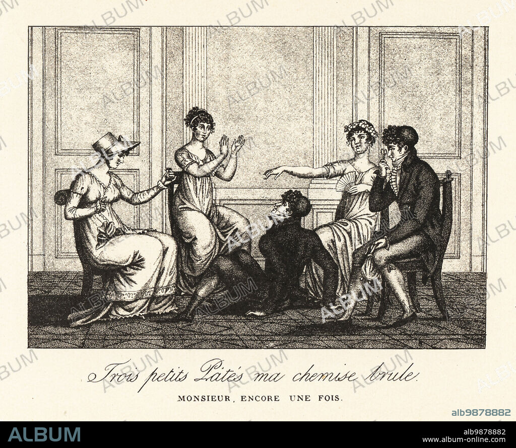 Fashionable people playing the party game of Three Little Pats. A dandy bumps his buttocks on the floor three times as a forfeit. Women clap and chant: Trois petits pates ma chemise brule. Monseiur, encore une fois. Lithograph from Henry Rene dAllemagnes Recreations et Passe-Temps, Games and Pastimes, Hachette, Paris, 1906.