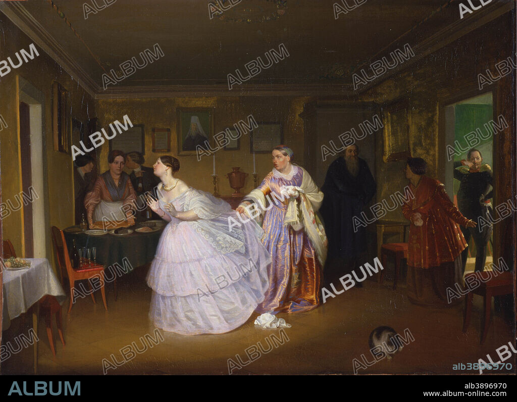 PAVEL FEDOTOV. The Major Makes a Proposal (Inspecting a Bride in a Merchant's House). Date/Period: 1851. Painting. Oil on canvas Oil on canvas. Height: 560 mm (22.04 in); Width: 760 mm (29.92 in).