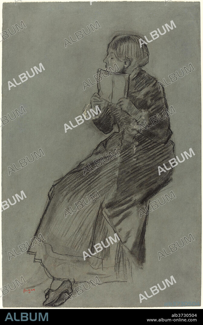 EDGAR DEGAS. Woman Reading a Book. Dated: c. 1879. Dimensions: overall: 48.9 x 31.8 cm (19 1/4 x 12 1/2 in.). Medium: charcoal and black chalk with stumping and erasing, heightened with white chalk, on blue wove paper.