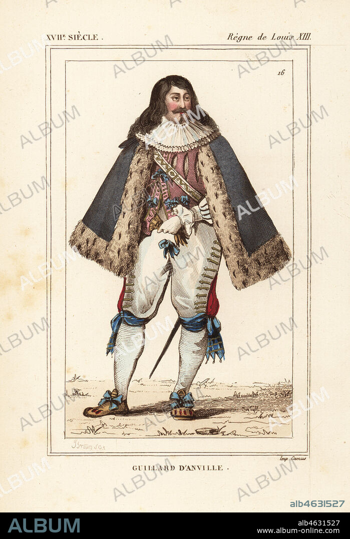 Guillard d'Anville, gendarme de la reine to the wife of King Louis XIII, author of La Chastete 1624. Handcoloured lithograph after an engraved portrait from Le Bibliophile Jacob aka Paul Lacroix's Costumes Historiques de la France (Historical Costumes of France), Administration de Librairie, Paris, 1852.