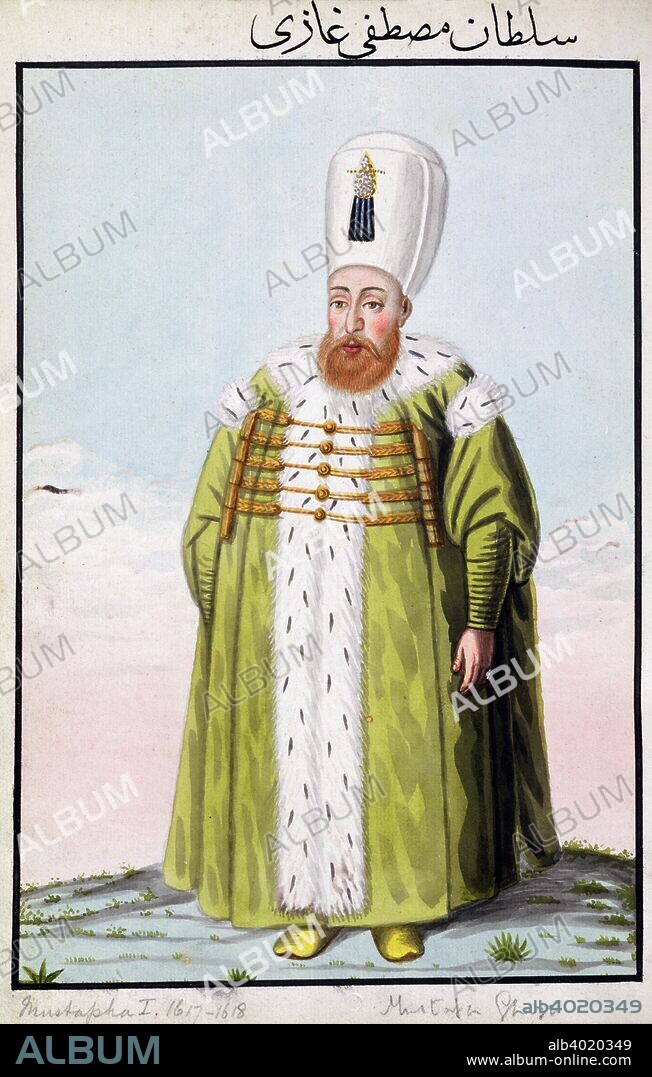 Mustafa I, Ottoman Emperor, (1808). Mustafa (1591-1639) became Sultan in 1617. Suffering from mental illness or disability he was merely a puppet of powerful courtiers and was deposed in 1618 and replaced by his nephew, Osman II. The Janissaries assassinated Osman and restored Mustafa to the throne in 1622, but he was again deposed the following year by Osman's brother, Murad IV. Mustafa spent the rest of his life in prison. 'A series of Portraits of the Emperors of Turkey', 1808 Young, John (1755-1825) Watercolour.