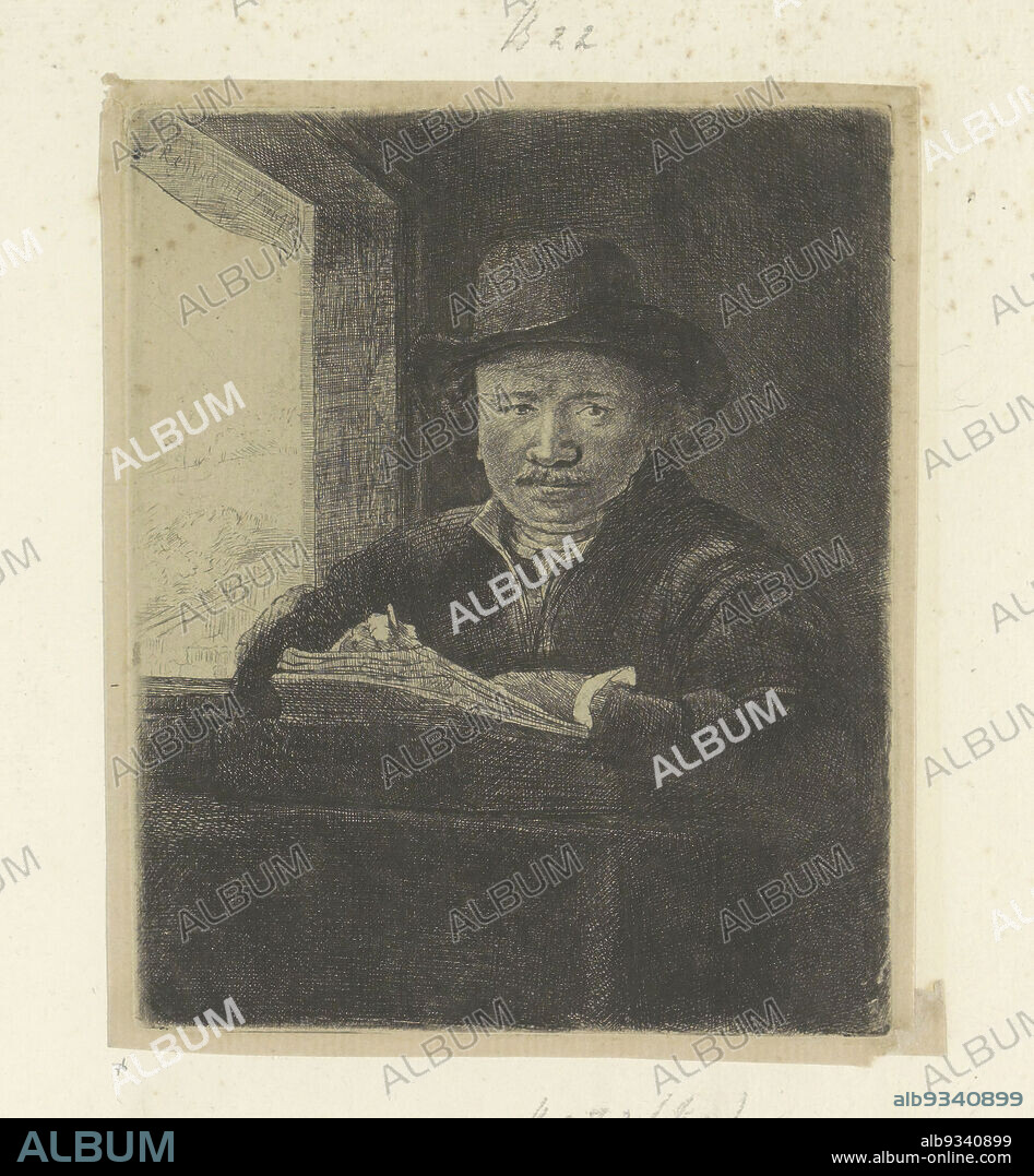 Self-portrait, drawing at a window, Recueil de quatre-vingt-cinq estampes originales (series title), The print is part of an album., print maker: Rembrandt van Rijn (mentioned on object), publisher: Henry Louis Basan, Paris, 1648 and/or 1807 - 1808, paper, etching, drypoint, height 160 mm × width 130 mm.