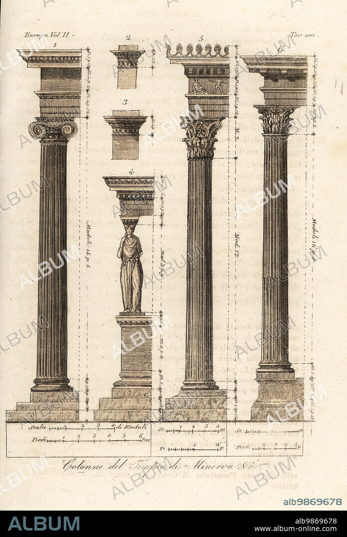 Columns from the Temple of Minerva, Athens. Portico column from the Temple of Minerva Polias 1, capitals 2,3, caryatid 4, Ionic columns 5,6. Colonne del Tempio di Minerva. Handcoloured copperplate engraving from Giulio Ferrarios Costumes Ancient and Modern of the Peoples of the World, Il Costume Antico e Moderno, Florence, 1826.