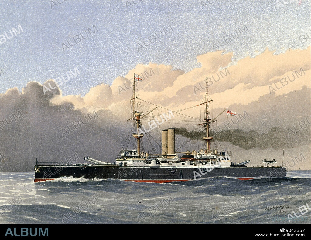 HMS Royal Sovereign, British lst class battleship. Laid down 26 February 1891. Commissioned 31 May 1892. Sold for scrap 7 October 1913. Illustration by William Frederick Mitchell. Lithograph 1892.