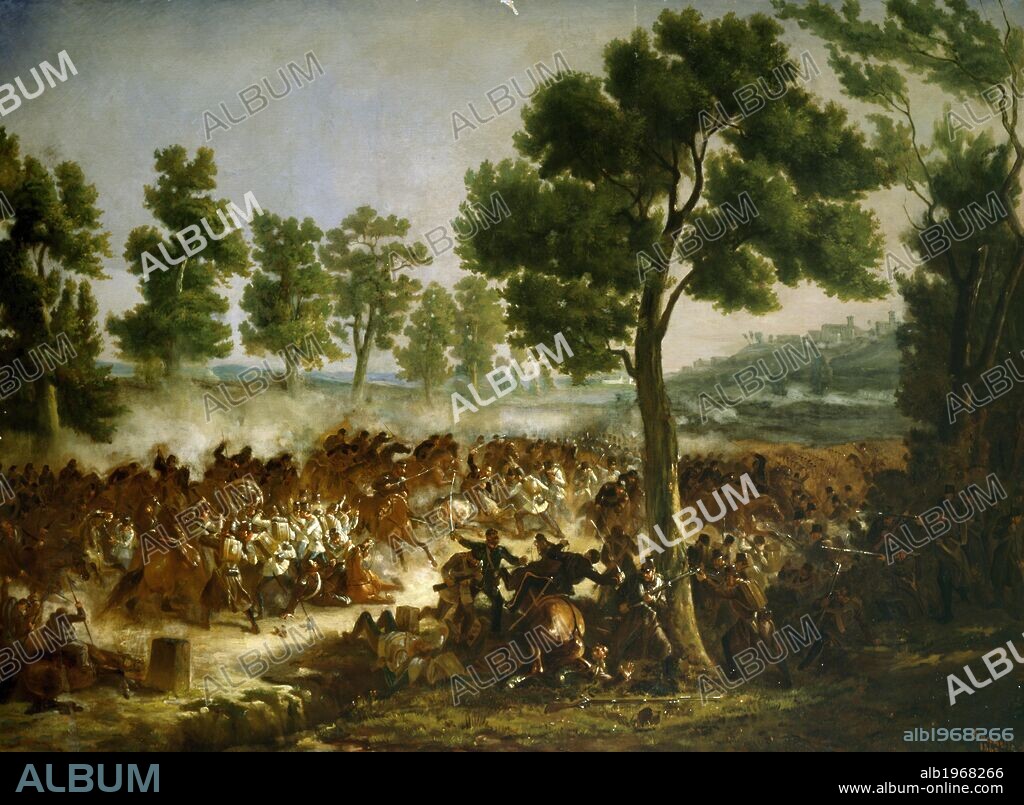 Battle of Montebello, May 20, 1859, by Hector Giacomelli (1822-1904), engraving. Second War of Independence, Italy 19th century.
