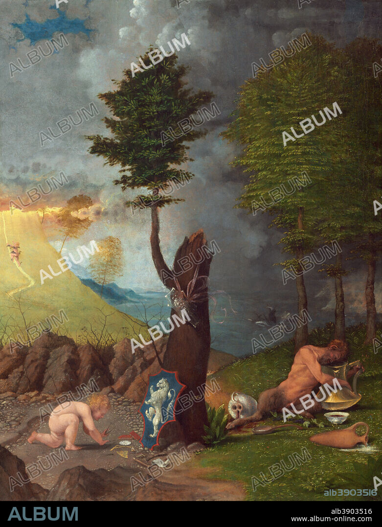 LORENZO LOTTO. Allegory of Virtue and Vice. Date/Period: 1505. Painting. Oil on panel. Height: 565 mm (22.24 in); Width: 422 mm (16.61 in).