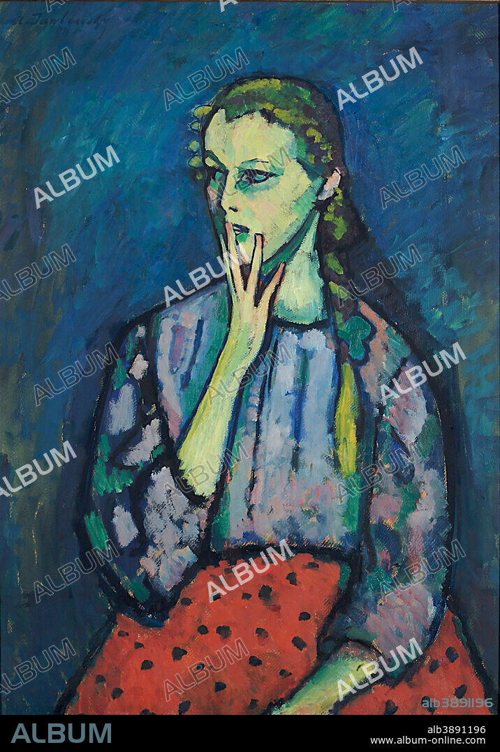 ALEXEJ VON JAWLENSKY. Portrait of a Girl. Date/Period: 1909. Oil on cardboard. Öl auf Karton. Height: 920 mm (36.22 in); Width: 670 mm (26.37 in).