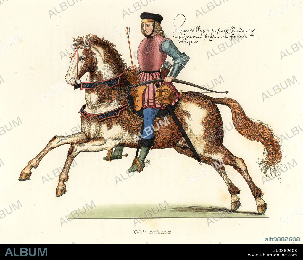 Portrait of King James IV of Scotland, 1473-1513. Mounted on a horse, wearing a black cap, pink velvet tunic, cuirass and plate armour, blue stockings, leather boots with spurs. Carrying a bow and arrow, quiver and sword. After a coloured drawing in the Cabinet des Estampes, Paris. Ecosse, Jacques IV. Handcolored lithograph after an illustration by Edmond Lechevallier-Chevignard from Georges Duplessis's Costumes historiques des XVIe, XVIIe et XVIIIe siecles (Historical costumes of the 16th, 17th and 18th centuries), Paris, 1867. Edmond Lechevallier-Chevignard was an artist, book illustrator, and interior designer.