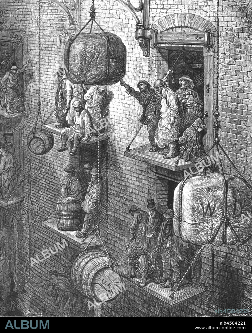 PAUL GUSTAVE DORÉ. 'Warehousing in the City', 1872. Men and boys lifting bales and barrels at warehouse depot. From, "LONDON. A Pilgrimage" by Gustave Dore and Blanchard Jerrold. [Grant and Co., 72-78, Turnmill Street, E.C., 1872].