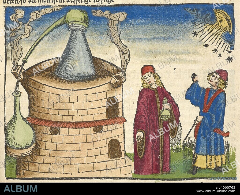 HIERONYMUS BRAUNSCHWEIG. Coloured woodcut showing a distillation process. Das buch zu distillieren die zusamen gethonen ding Composita genant, durch die eintzigeÌ„ ding, und das buch Thesaurus pauperuÌ„, fuÌˆr die armen ... geoffenbart, etc. [With woodcuts.]. Durch I. GruÌˆninger: Strassburg, 1519. Source: C.64.g.7 page CLXXIr.