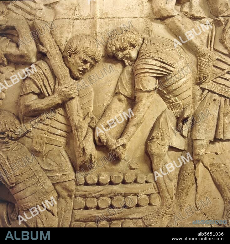 Roman, 113 AD. Roman legionaries building bulwarks for besieging a Dacian fortress. Detail from the relief band with scenes from Trajan's Dacian Wars, 2nd war, 5th campaign 106 AD. Plaster cast, 1861, of marble original from Trajan's Column in Trajan's Forum in Rome. Height 90-125cm. No. 3118. Rome, Museo della Civiltà Romana.