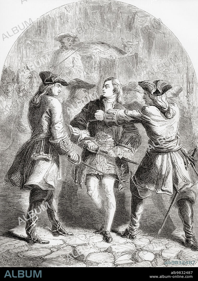 Interview between Marlborough, right, and Charles XII of Sweden, centre, in Altranstädt, 1707. General John Churchill, 1st Duke of Marlborough, 1st Prince of Mindelheim, 1st Count of Nellenburg, Prince of the Holy Roman Empire, 1650 1722. English soldier and statesman. Charles XII, aka Carl XII or Carolus Rex, 1682 1718. King of Sweden. From Cassell's Illustrated History of England, published c.1890.