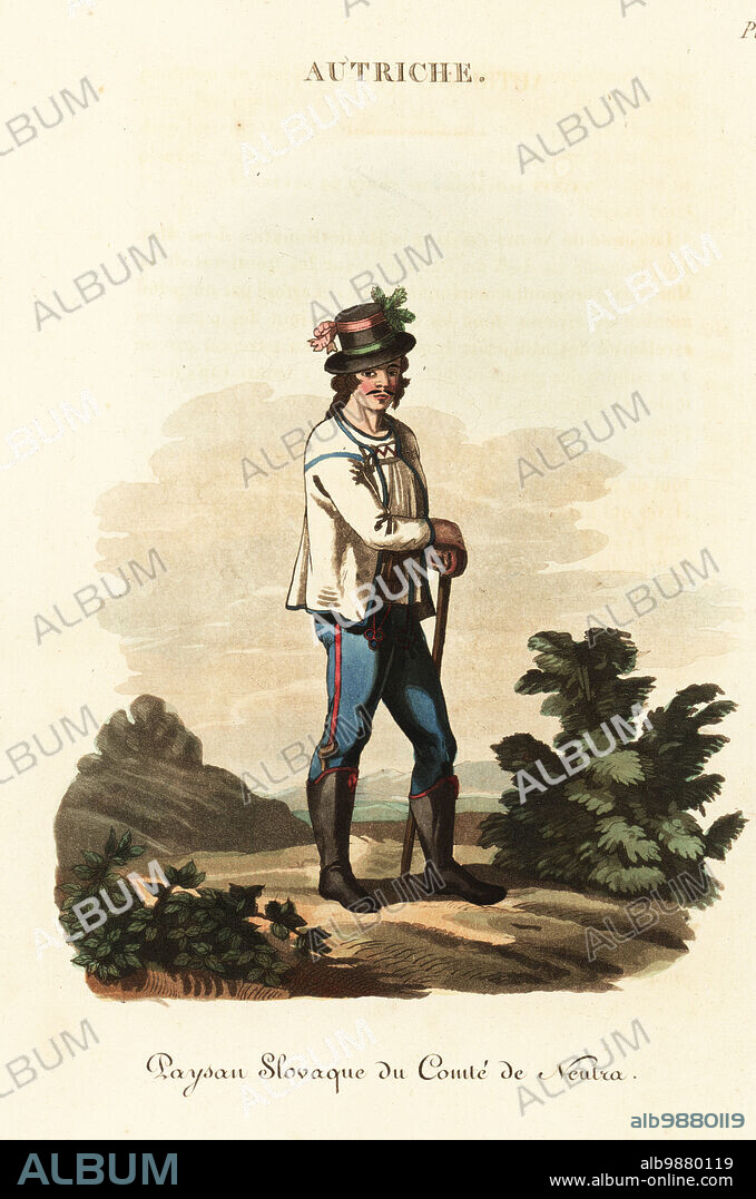 Slav youth of Nitra Country, Kingdom of Hungary (Slovakia), 18th century. He wears a holiday dress, hat decked with ribbons, embroidered jacket, blue pantaloons, Hungarian half-boots with a tobacco pipe in the right one. Schlavonian man of the County of Neutra, Paysan Slovaque du Comte de Neutra. Handcoloured copperplate engraving after an illustration by William Alexander from J-B. Eyries L'Autriche: Costumes, Moeurs et Usages des Autrichiens, Austria: Costumes, Manners and Mores of the Austrians, Librairie de Gide Fils, Paris, 1823. Jean-Baptiste Eyries (1767-1846) was a French geographer, author and translator.