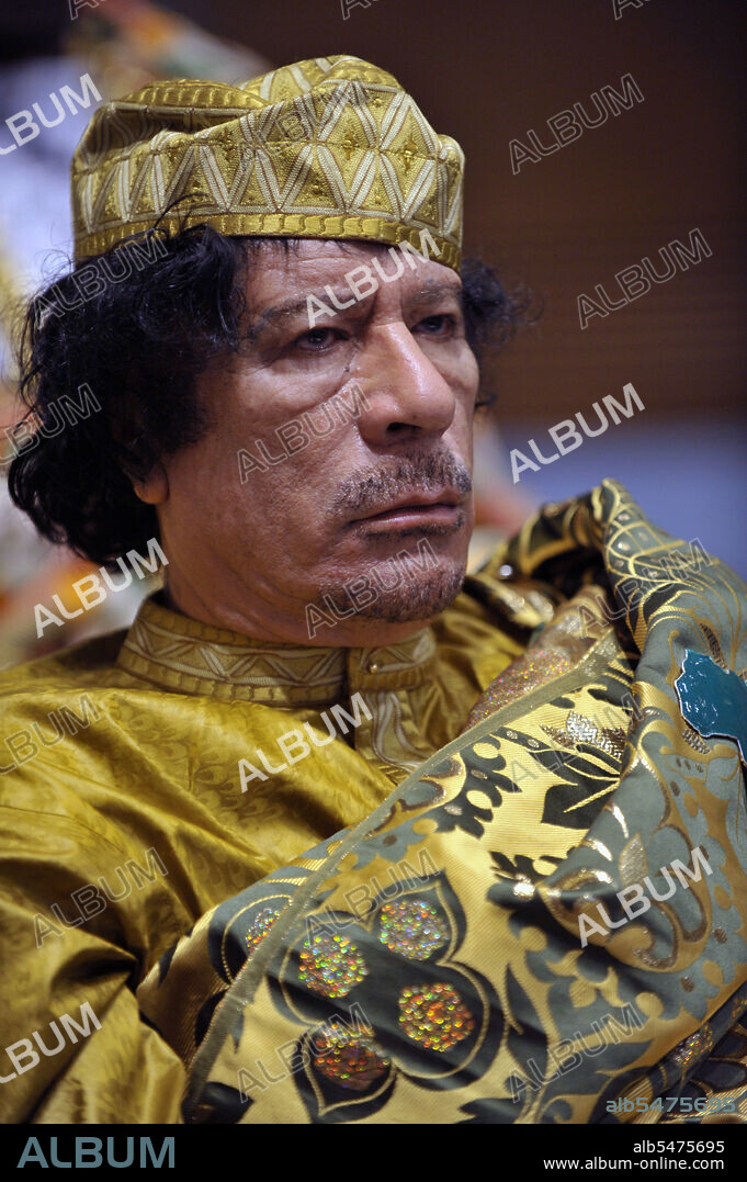 Muammar Qaddafi, then Libyan chief of state, attends the 12th African Union Summit in Addis Ababa, Ethiopia, Feb. 2, 2009. Qaddafi was elected chairman of the organisation.
