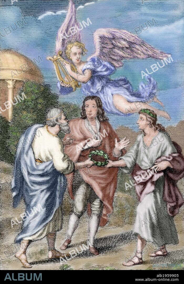 John Milton (1608-1674). British poet. Paradise Lost. Epic poem in blank verse. It was originally published in 1667 in ten books. Colored engraving depicting the encounter of three poets in three different ages born in Greece, Italy and England. Edition printed in London in 1727. Library of Catalonia. Barcelona.