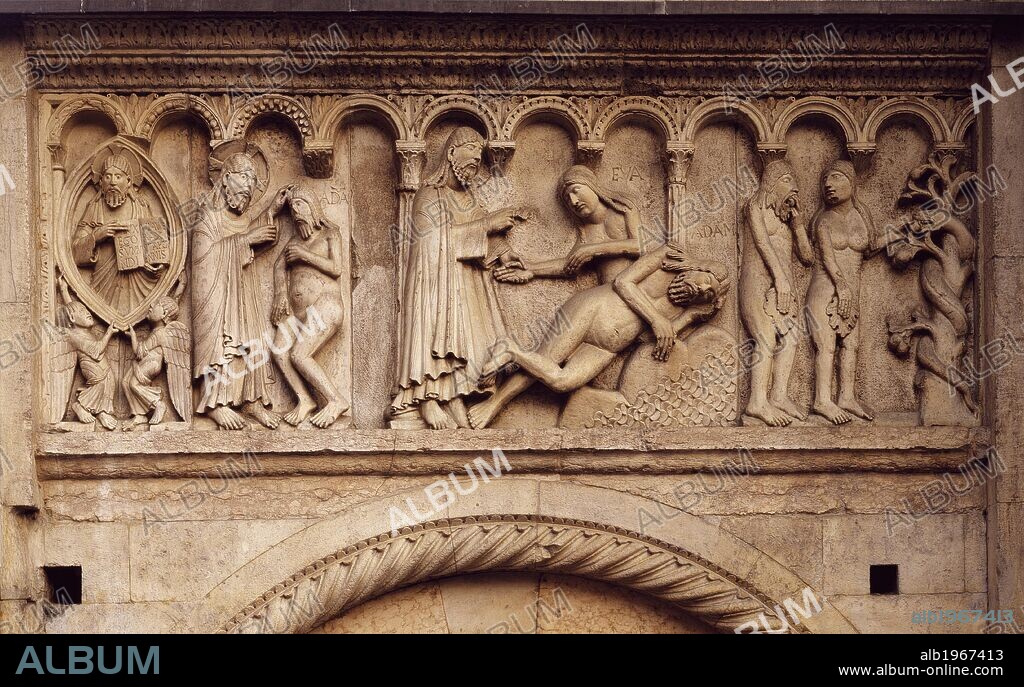 Creation of Adam and Eve and original sin, scenes from Stories of Genesis, by Wiligelmo (ca 1099-1120), bas-relief, Metropolitan Cathedral of Saint Mary of the Assumption and St Geminiano facade (UNESCO World Heritage List, 1997), Modena, Emilia-Romagna. Italy, 12th century.