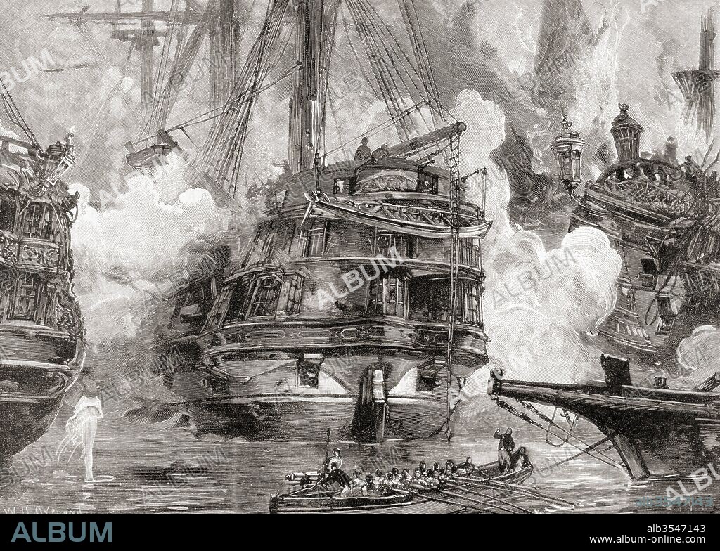 The Royal Navy's 84-gun second rate ship of the line "Asia" engaging two Ottoman flagships in the Battle of Navarino, 20 October 1827, during the Greek War of Independence. From The Century Edition of Cassell's History of England, published c. 1900.
