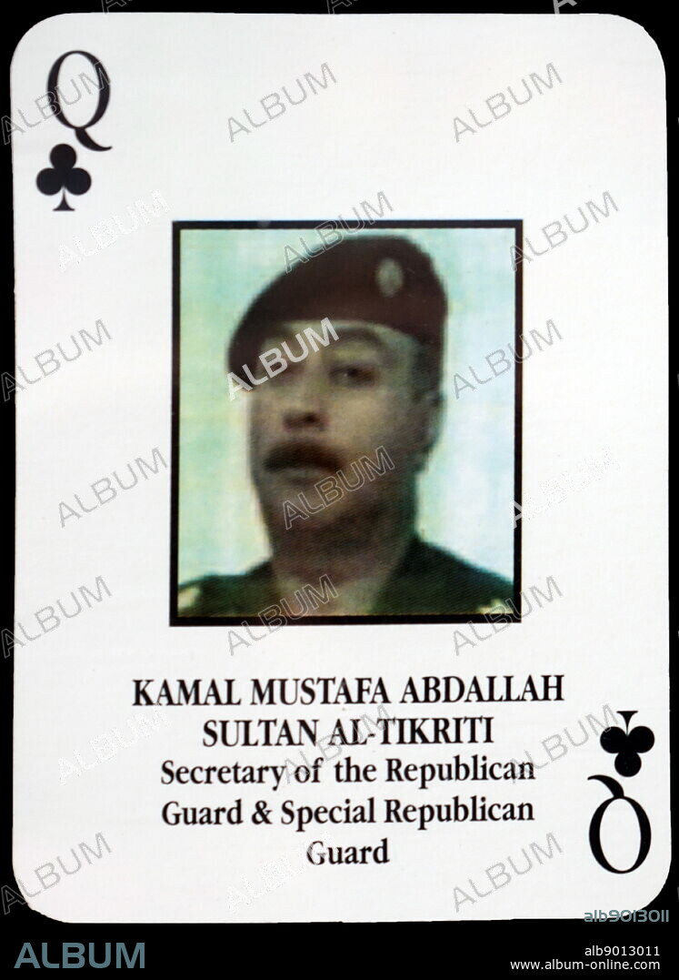 Most-wanted Iraqi playing cards - Kamal Mustafa Abdallah Sultan Al-Tikriti (Secretary of the Republican Guard & Special Republican Guard). The U.S. military developed a set of playing cards to help troop identify the most-wanted members of President Saddam Hussein's government during the 2003 invasion of Iraq.