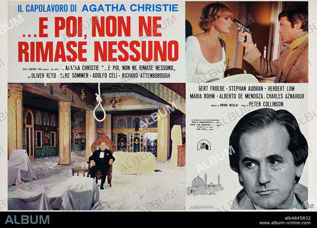 CINEMA Poster for the Italian edition of the film '... and then, there was none' (And Then There Were None) directed by Peter Collinson and based on the bestselling novel 'Ten Little Indians' by Agatha Christie, played by Oliver Reed, Elke Sommer, Gert Fröbe, Herbert Lom, Adolfo Celi, Richard Attenborough, Charles Aznavour, Stéphane Audran, Alberto de Mendoza, Maria Rohm, Orson Welles. Coproduction Italy, France, Spain, Germany, 1974.