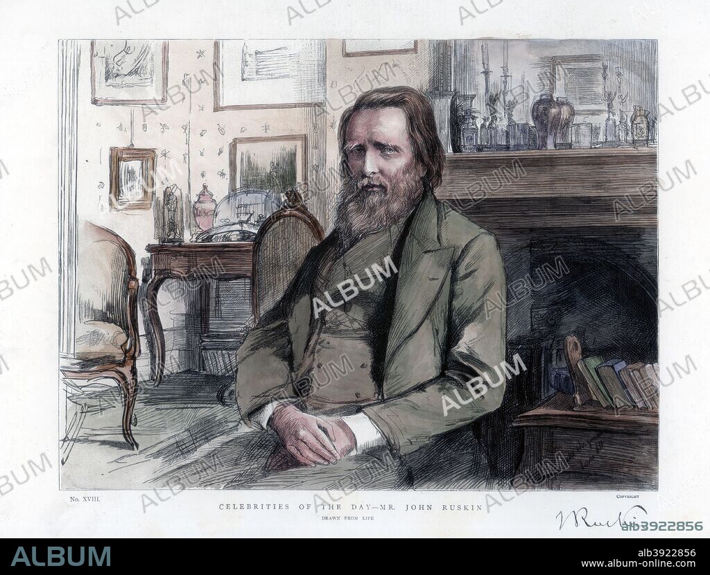 John Ruskin (1819-1900), English critic, author, poet and artist, 1886. Ruskin is best known for his work as an art critic and social critic, but is also remembered as an author, poet and artist. His essays on art and architecture were extremely influential in the Victorian and Edwardian eras. From a supplement to The Graphic, 3 April 1886 (hand coloured later).