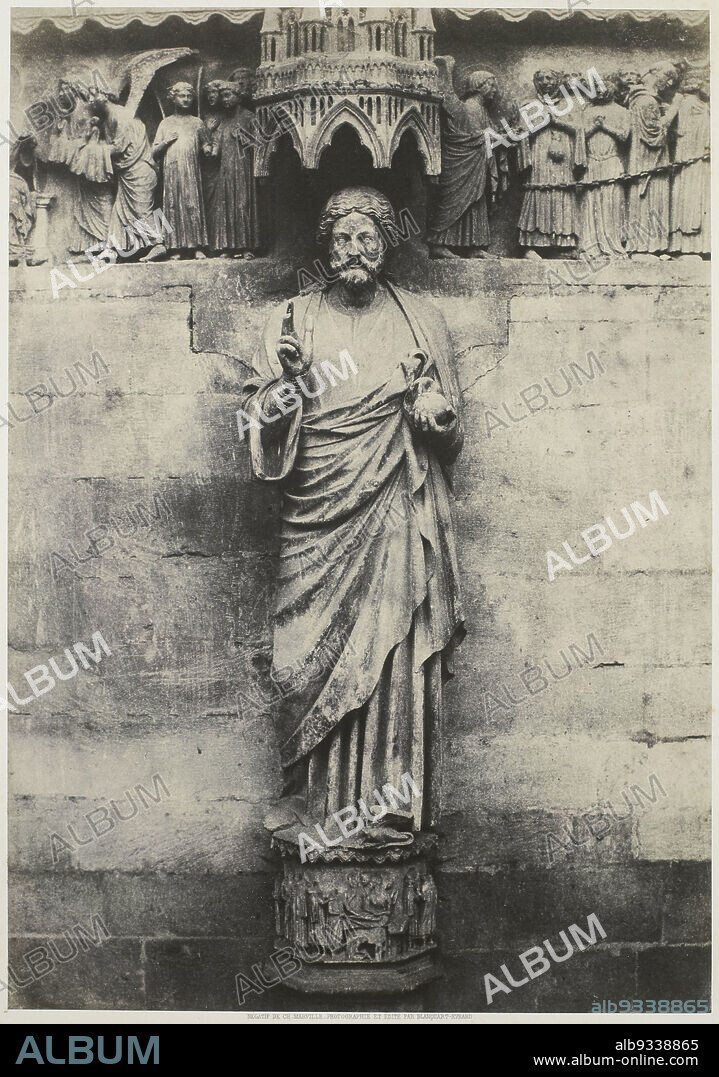 Christ, le Beau Dieu, Salvator Mundi, Le Beau Dieu (title on object), L'Art Religieux. Architecture. Sculpture. Peinture, Lille 1853-1854 (series title), Standing Christ makes blessing gesture and holds imperial apple, in portal of Reims Cathedral, France, plate 317 from album, Charles Marville (mentioned on object), printer: Louis-Désiré Blanquart-Evrard (mentioned on object), France, printer: Lille, publisher: Lille, 1850 - 1854, cardboard, salted paper print, height 355 mm × width 250 mm.