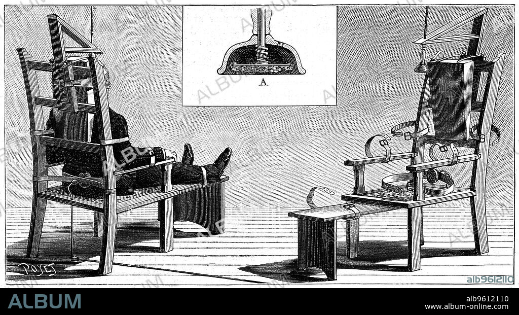 Execution by electric chair, 1890. The first execution by electric chair was carried out at Auburn Prison, New York, 6 August 1890 using a Westinghouse AC system. The man executed was William Kemmler, convicted of murdering his common-law wife. Three surges were necessary to kill him. From La Nature. (Paris, 6 September 1890).