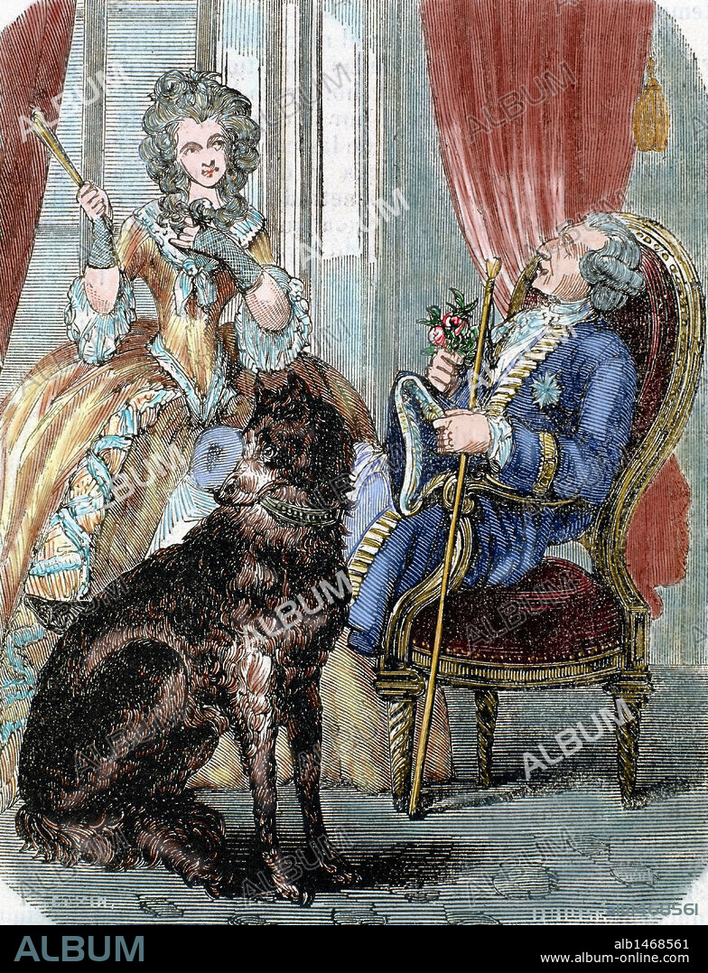 LUIS XV (Versalles,1710-Versalles,1774). Rey de Francia (1715-1774), bisnieto de Luis XIV. Durante su minoría de edad desempeñó la regencia Felipe de Orleans (1715-1723). Durante su largo reinado se fue convirtiendo en un monarca impopular. "LUIS XV Y MARIE-JEANNE BECU, CONDESA DU BARRY". Grabado coloreado del año 1851 ("La Biblioteca Universal") .