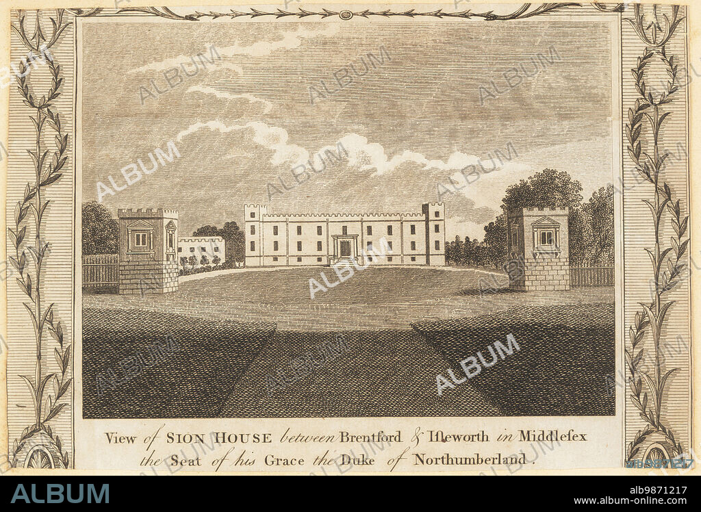 View of Syon House, 18th century. Redesigned by architect Robert Adam in gardens by Capability Brown for Hugh Percy, 1st Duke of Northumberland. View of SIon House between Brentford and Isleworth in Middlesex. Copperplate engraving from William Thorntons New, Complete and Universal History of the City of London, Alexander Hogg, King's Arms, No. 16 Paternoster Row, London, 1784.