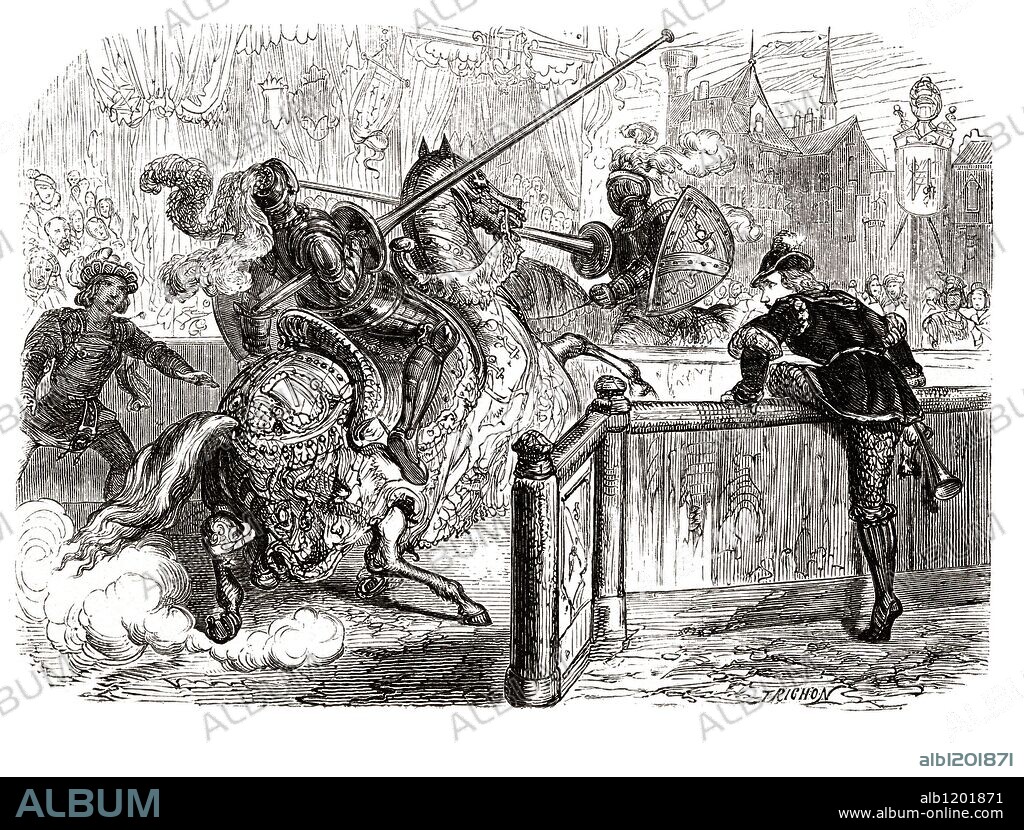 Enrique II (1519-1559). Rey de Francia, hijo de Francisco I. Herido en un torneo por el condestable Montgomery, falleció diez días después, el 10 de junio de 1559. Grabado de 1866.