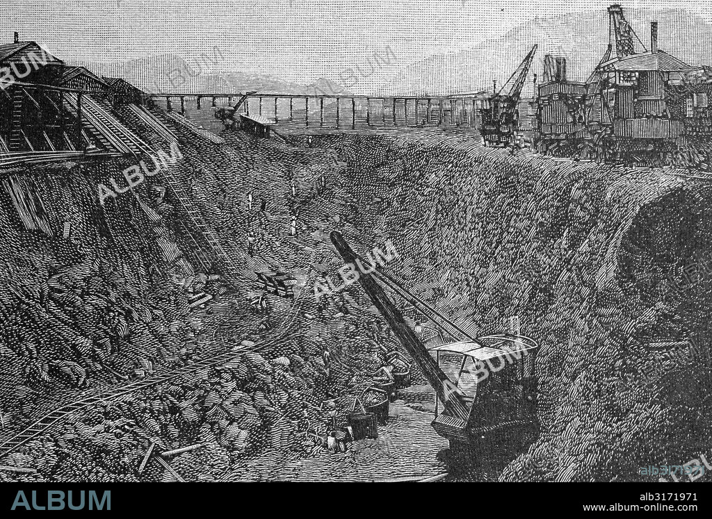 Construction of the panama canal, steam elevators at the cut at pedro miguel, central america, woodcut circa 1871.