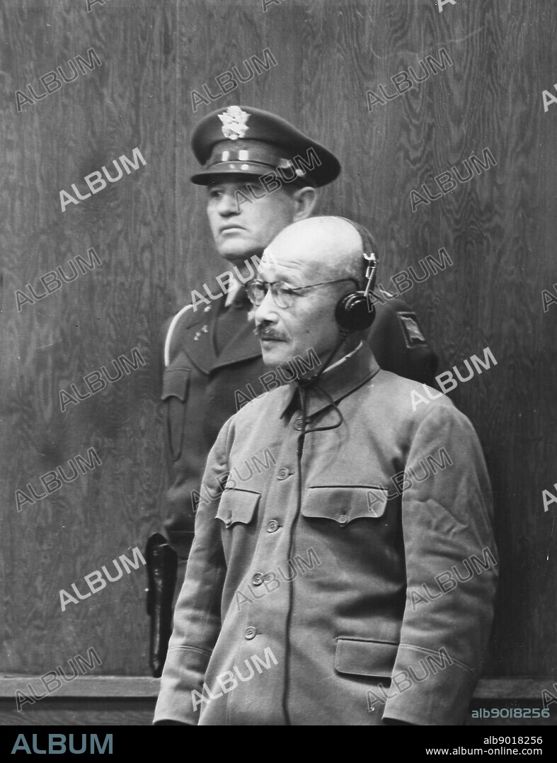Photograph of Hideki Tojo receiving his death sentence (1884-1948) General of the Imperial Japanese Army, the leader of the Imperial Rule Assistance Association, and the 40th Prime Minister of Japan during most of World War II. Dated 1948.