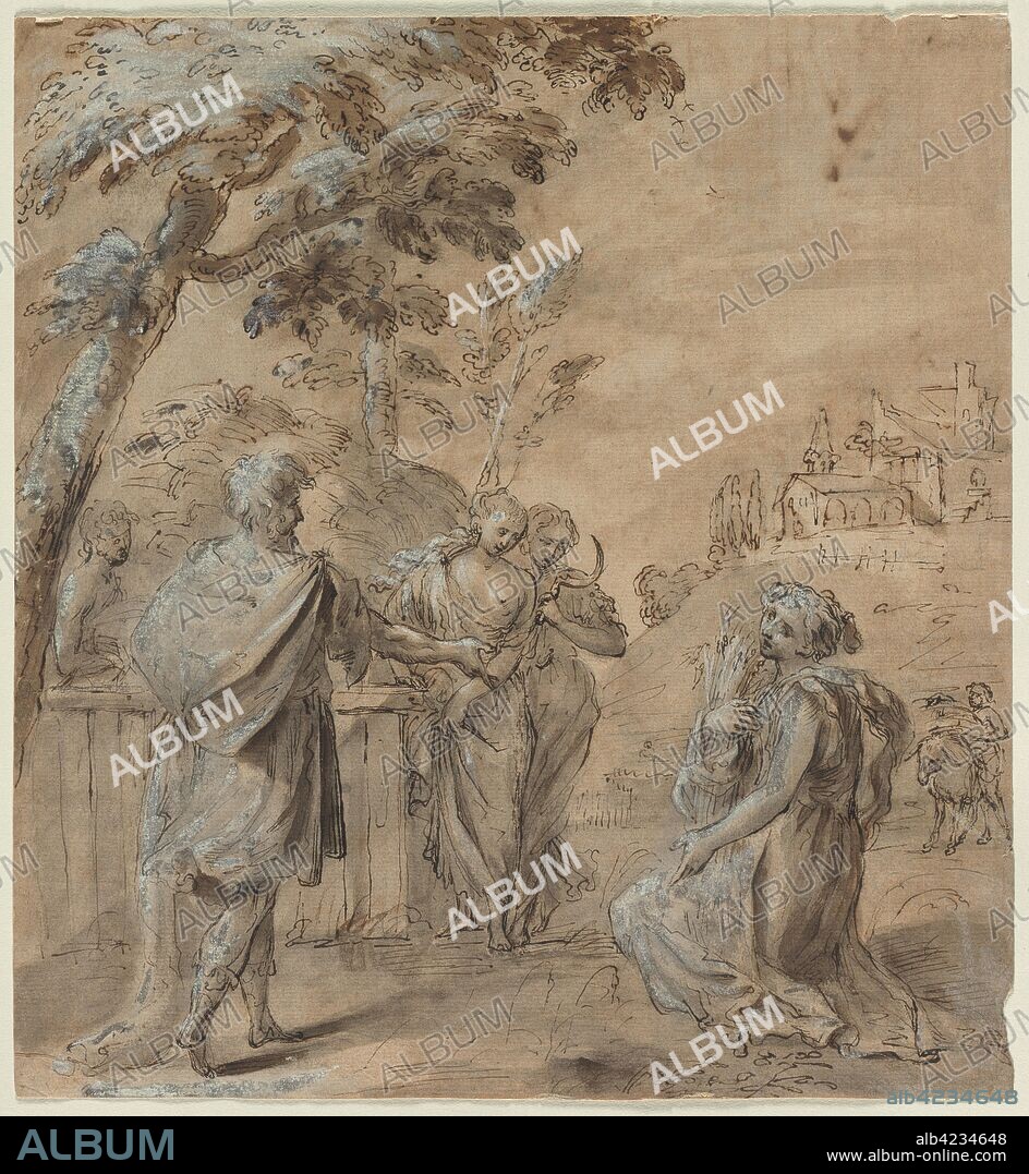 Ruth and Boaz, 1600s. Italy, 17th century. Pen and brown ink and brush and brown wash over black chalk, heightened with lead white; sheet: 30.2 x 27.7 cm (11 7/8 x 10 7/8 in.).