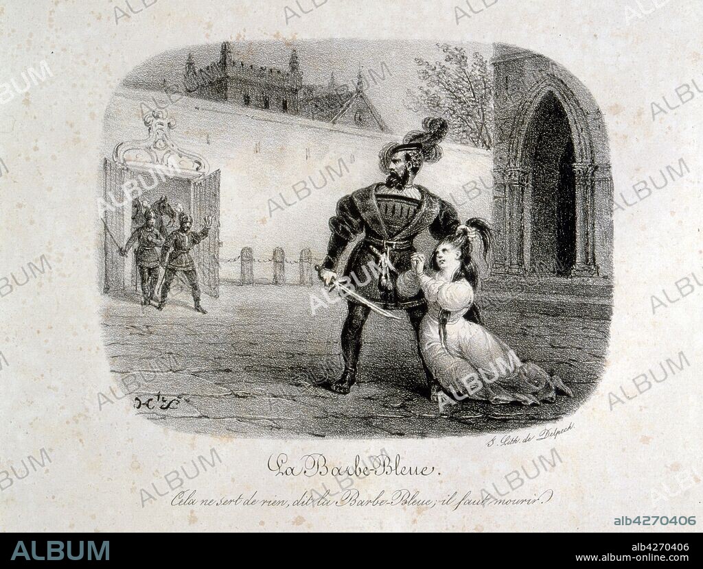 Illustration for "Bluebeard" (Barbe bleue), a French folktale, written by Charles Perrault and first published by Barbin in Paris in 1697 in Histoires ou contes du temps passe. The tale tells the story of a wealthy violent man in the habit of murdering his wives and the attempts of one wife to avoid the fate of her predecessors.