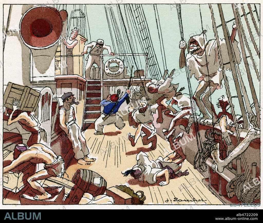 Sur le bateau Tartarin attaque les Teurs. Illustration par Jacques TOUCHET (1887-1949) pour Tartarin de Tarascon d'Alphonse DAUDET (1840-1897). Credit : Coll. Jonas/KHARBINE-TAPABOR.