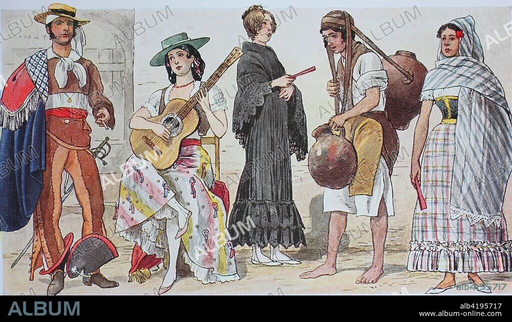 Clothing, fashion in Central America, Mexico, early 19th century, from the left, a Hacendado, a landowner, then a Maja in a silk dress, then a Mexican lady, then a water carrier, and a creole in skirt and wrapper, digital improved reproduction from an original from the year 1900.
