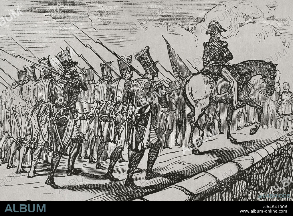 Reinado de Carlos IV (1788-1808). Salida de los franceses de España. Grabado. Historia del Levantamiento, Guerra y Revolución de España, por el Conde de Toreno. Madrid,1851.