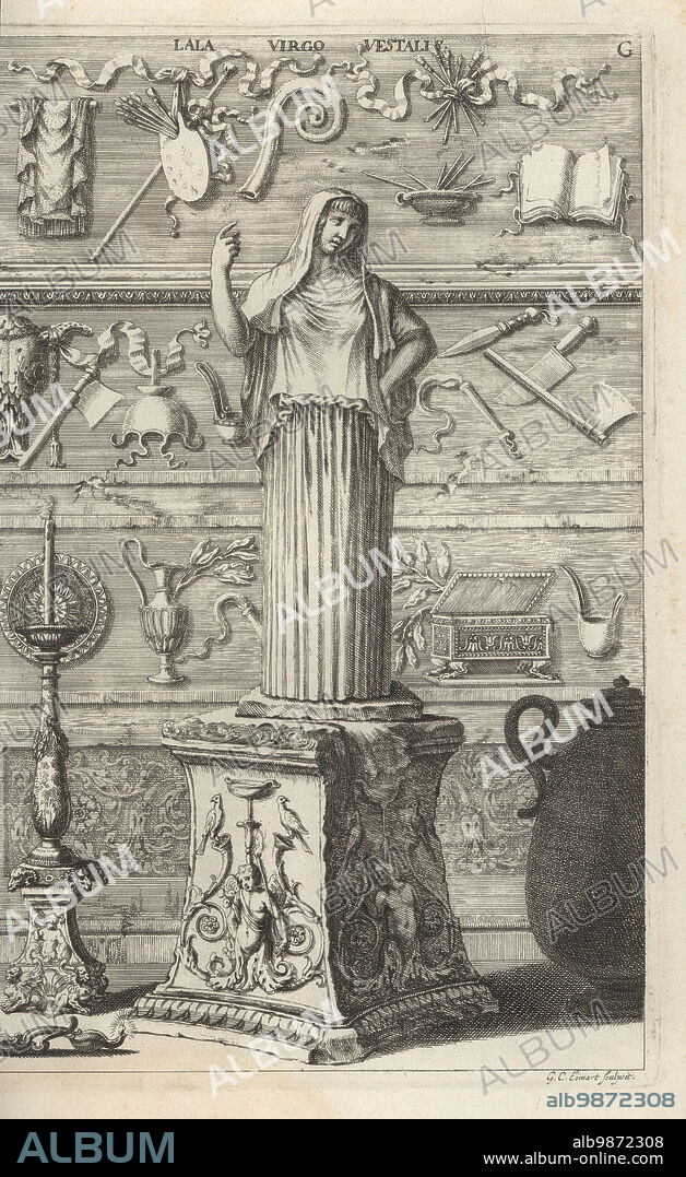 Statue of Hestia, Greek virgin goddess of the hearth and sacred fire. In sleeveless peplos surrounded by torches, weapons, books, brushes, vases, candelabra. Marble copy of a Greek bronze owned by Vincenzo Giustiniani and known as the Giustiniani Hestia. Lala Virgo Vestalis. Copperplate engraving by Georg Christoph Eimmart from Joachim von Sandrarts LAcademia Todesca, della Architectura, Scultura & Pittura, oder Teutsche Academie, der Edlen Bau- Bild- und Mahlerey-Kunste, German Academy of Architecture, Sculpture and Painting, Jacob von Sandrart, Nuremberg, 1675.