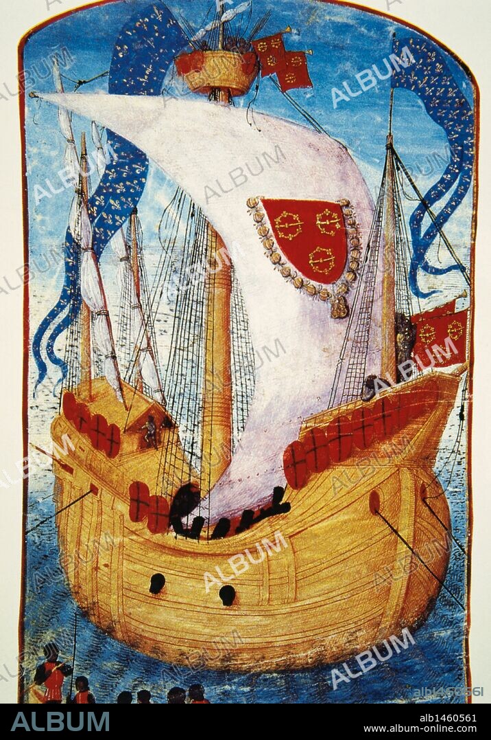HISTORIA DE LA NAVEGACION. EDAD MEDIA. "NAO MEDIEVAL DE LA ARMADA FRANCESA". Miniatura del siglo XV. Castillo de Chantilly. Francia.