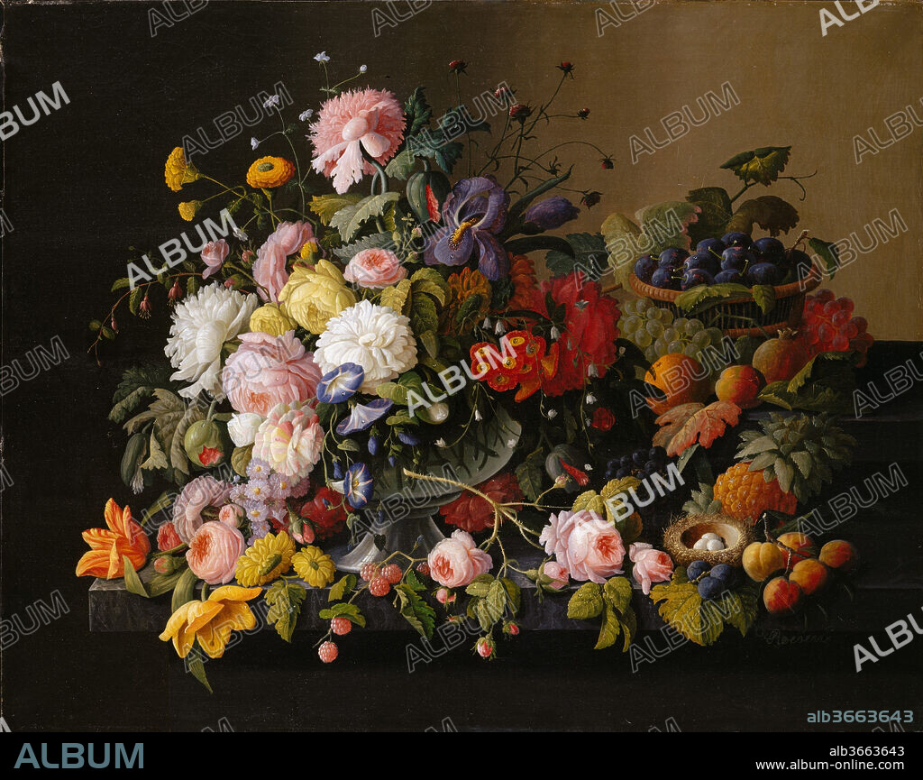 Still Life: Flowers and Fruit. Artist: Severin Roesen (American (born Prussia), Boppard-am-Rhein 1816-72?). Dimensions: 40 x 50 3/8 in. (101.6 x 128 cm). Date: 1850-55.
This exceptionally large still life represents Roesen at his best. It is undated but was probably painted between 1850 and 1855, when the artist was living in New York. The elaborate and crowded composition is characteristic, as are the brilliant color, technical virtuosity, and meticulous attention to detail expected of someone who was trained as a porcelain painter. The picture is a fine example of the excess that underlies much of Victorian design.