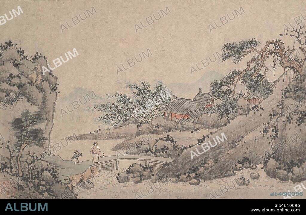SHEN ZHOU. Landscape with Man Crossing Bridge.  Ming (13681644) or Qing (1644-1911) dynasty.