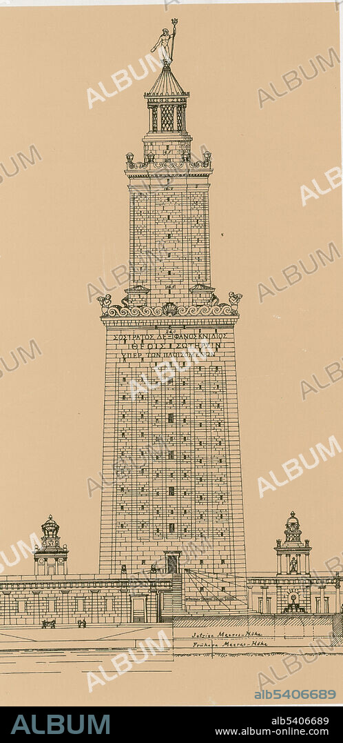 Seven wonders of the world. The Pharos, a reconstruction by H. Thiersch (1909). View from the east, from the approach to the island. The lighthouse at Alexandria, Egypt was built in the 3rd century BC. The height of the lighthouse was estimated to be between 380 and 440 feet tall. It was identified as one of the Seven Wonders of the Ancient World by Antipater of Sidon. The lighthouse was badly damaged, with barely any remaining ruins, after three earthquakes. The first was in 956, then another in 1303, and the last in 1323.