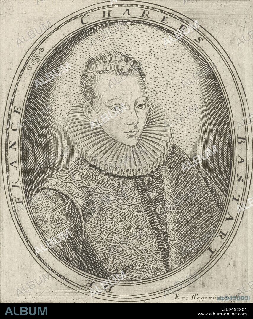 Portrait of Charles de Valois, Duke of Angoulême, Remigius Hogenberg, 1580 - 1588, Charles de Valois, Duke of Angoulême, bastard of Charles IX of France and his mistress Marie Touchet., print maker: Remigius Hogenberg, (mentioned on object), Southern Netherlands, 1580 - 1588, paper, etching, engraving, h 89 mm × w 79 mm.
