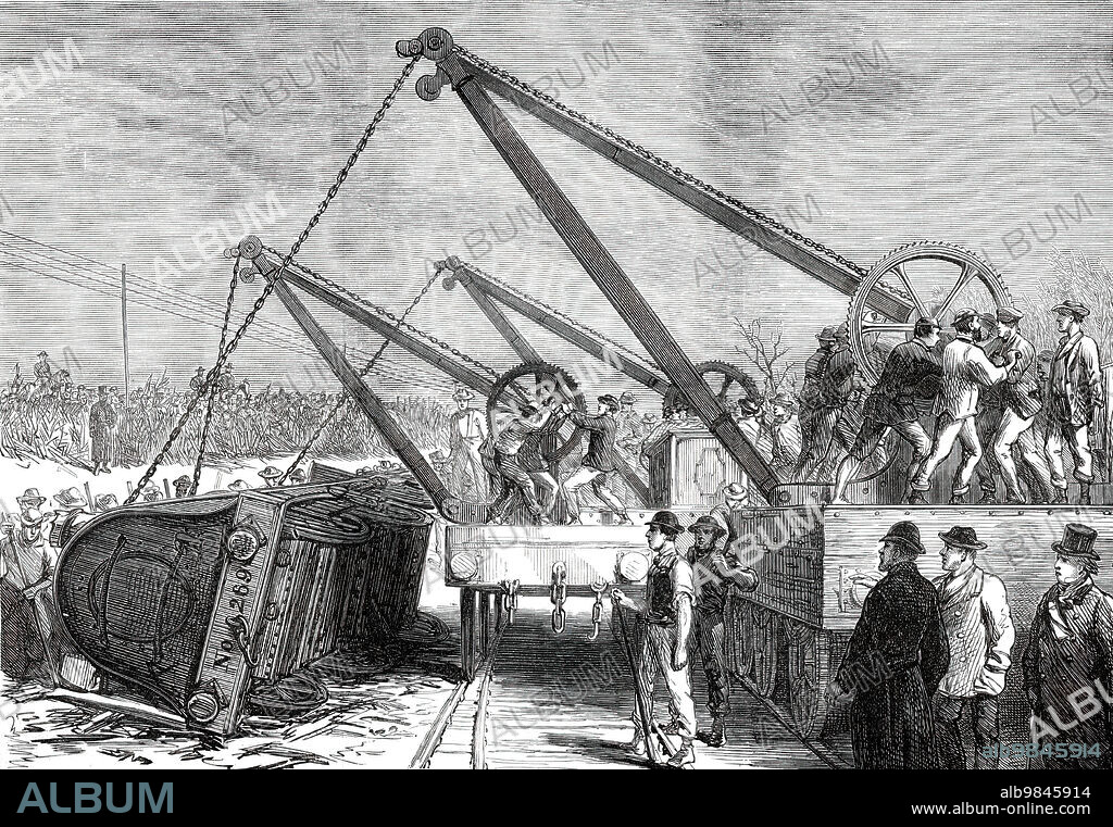 The Railway Accident at Abbotts Ripton, Huntingdon: raising an engine from the wrecked train, 1876. On 21 January 1876, the Edinburgh-London Special Scotch Express was involved in a collision, during a blizzard, with a coal train on the Great Northern Railway main line. A second collision occurred minutes later when an express to Leeds crashed into the wreckage obstructing the northbound line. Thirteen passengers died, and 53 passengers and 6 traincrew members were injured. Factors included signal failure, bad weather and poor visibility. Snow and ice on the wires by which the semaphore arm should be moved had meant that when signalmen had changed levers from the normal 'all clear', the signals did not fully move to 'danger'. The accident (and subsequent inquiry) led to fundamental changes in British railway signalling practice. From "Illustrated London News", 1876. From "Illustrated London News", 1876.