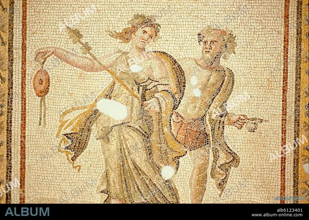 Römisch, 2. Jahrhundert n.Chr.-Bacchantin und Bacchant.-Mosaik. Fundort: Antiochia am Orontes (Kleinasien).