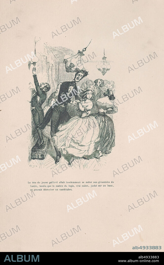 J. J. Grandville, 'The head of the young fellow insolently mingled with the candlesticks of the chandelier.' from the Little Miseries of Human Life, Petites Misères de la Vie Humaine, J. J. Grandville (French, Nancy 18031847 Vanves), Paul-Émile-Daurand Forgues (French, Paris 18131883 Cannes), Brugnot (French, active 19th century), Henri Fournier, 1843, Wood engraving, Sheet: 11 1/4 × 7 1/2 in. (28.5 × 19 cm), Prints.