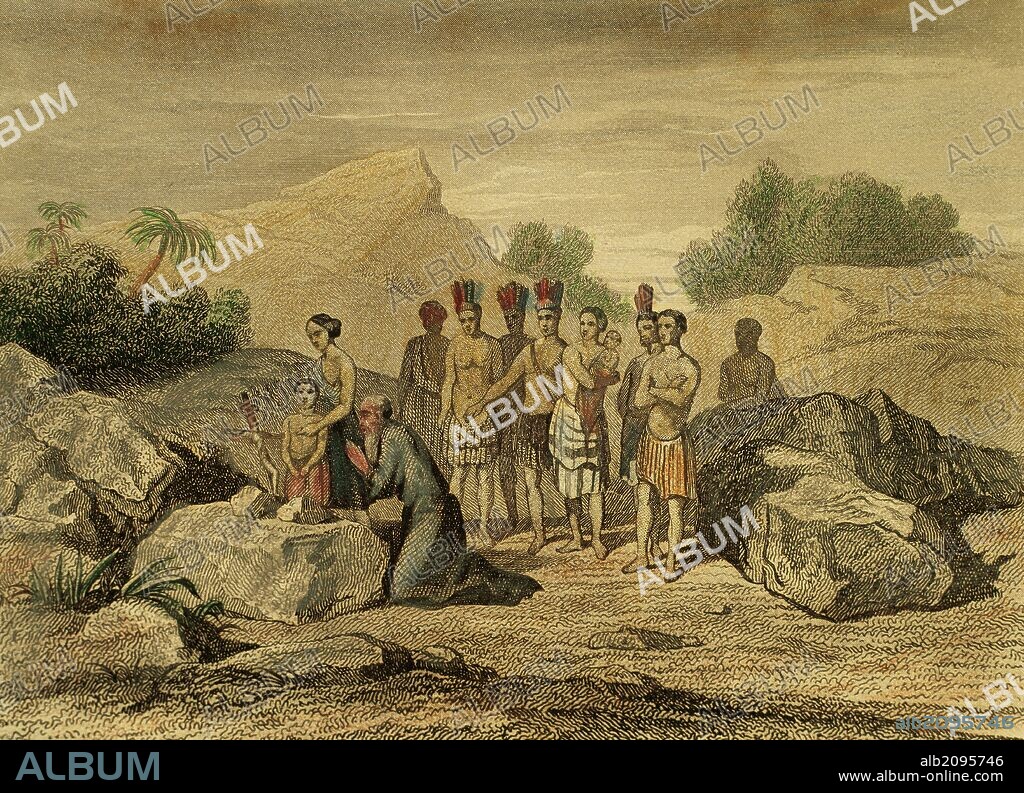 Mexico. 16th century. Evangelization. Augustinian missionary Antonio de Roa, evangelizing natives of Malango mountains. Engraving, 1850. Color.