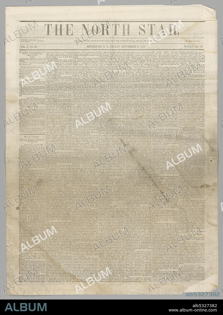 The September 8, 1848 issue of the North Star, an antislavery newspaper published in Rochester, New York by Frederick Douglass. This issue contains several anti-slavery essays and letters, including a letter from Douglass to his previous enslaver Thomas Auld, titled [To My Old Master], as well as a critique of the Liberian colonization movement, news of the rebellion in Ireland, poetry, notices of anti-slavery society meetings around the region, and general advertisements.