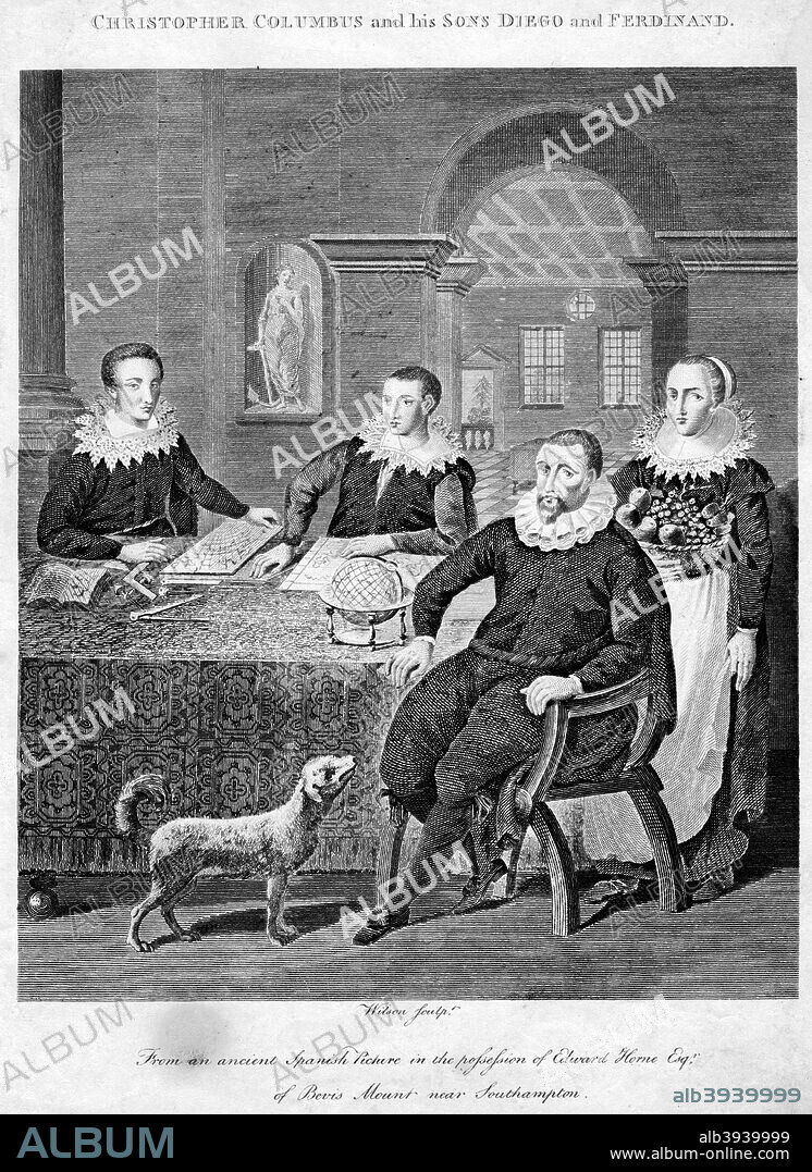 Christopher Columbus and his sons Diego and Ferdinand, 15th century. Columbus (1451-1506) was a navigator, colonizer and one of the first Europeans to explore the Americas after the Vikings. Though not the first to reach the Americas from Europe, Columbus' voyages led to general European awareness of the hemisphere and the successful establishment of European cultures in the New World. From an ancient Spanish picture in the possession of Edward Horne Esq. of Bevis Mount near Southampton.